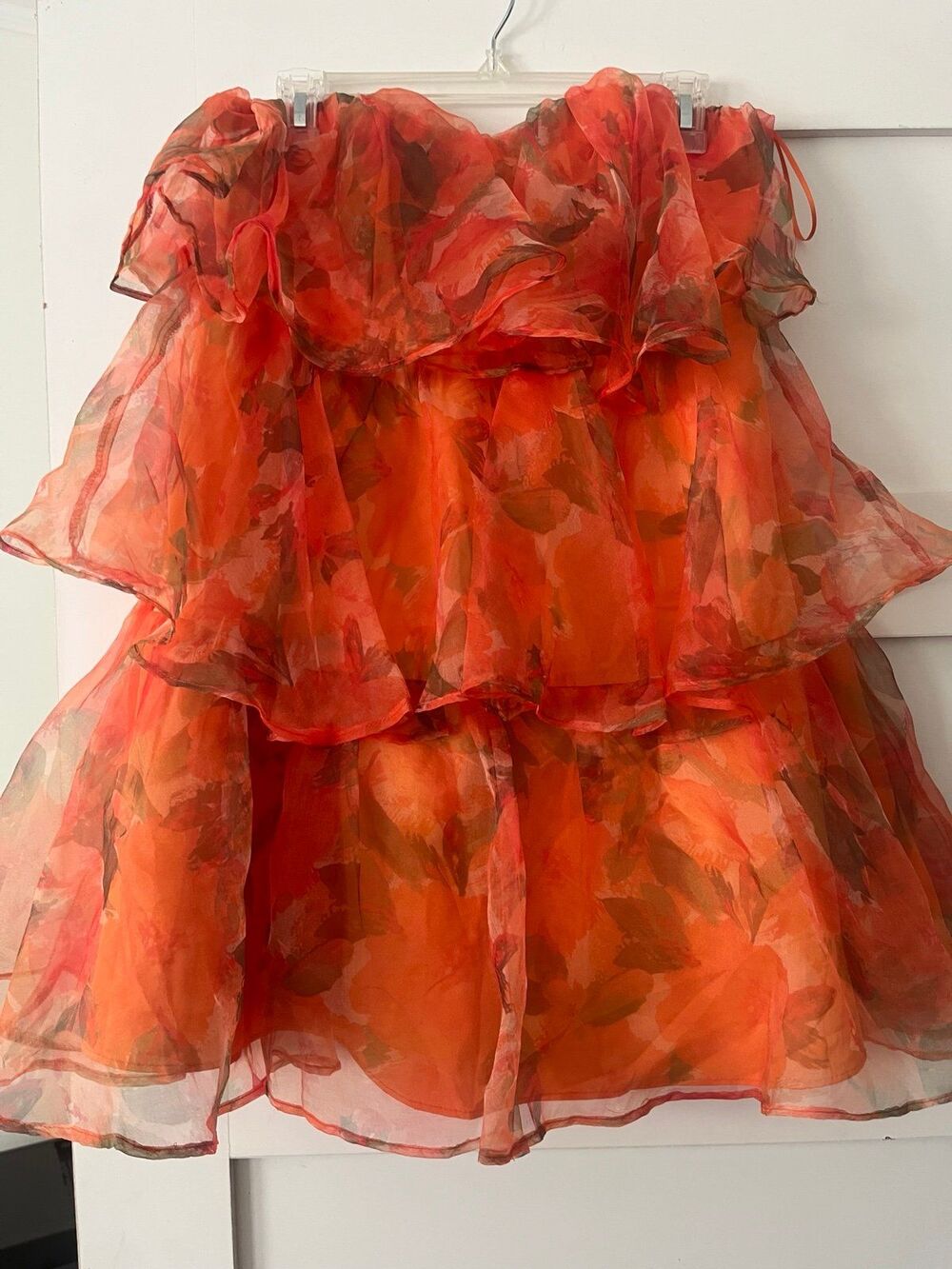 Thirty Thirty Orange Floral Tiered Organza Strapless Mini Dress LG